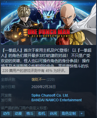 打击感差人物建模不够精细！《一拳超人：无名英雄》Steam率仅为45% 人物 动漫 color 粉丝 超人 一拳超人 无名英雄 无名 新闻资讯  第1张